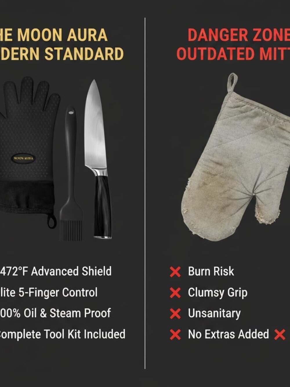 Moon Aura BBQ Gloves Heat Resistant Silicone Oven Mitts 13.38" Waterproof Grill - Picture 3 of 8